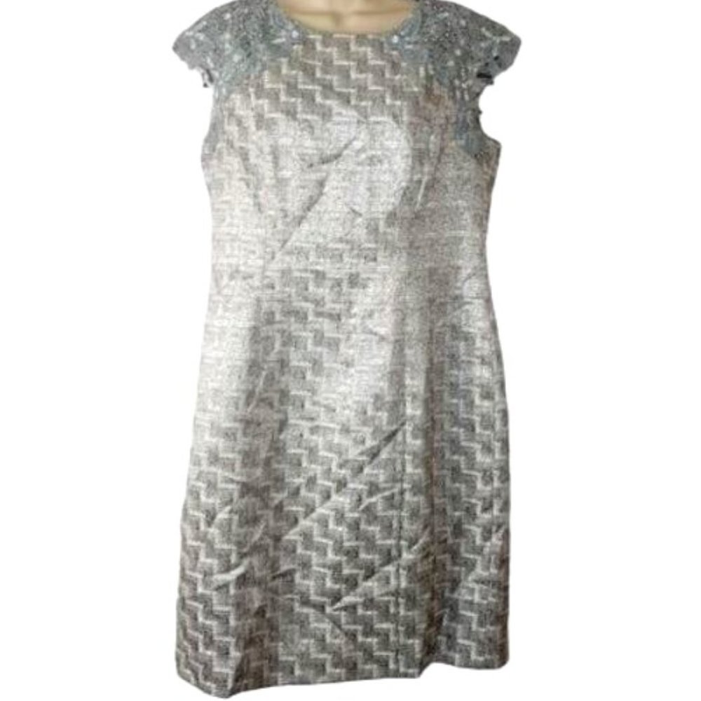Katherine Kelly Silver Shimmer Metallic Crochet Beaded Sheath Dress